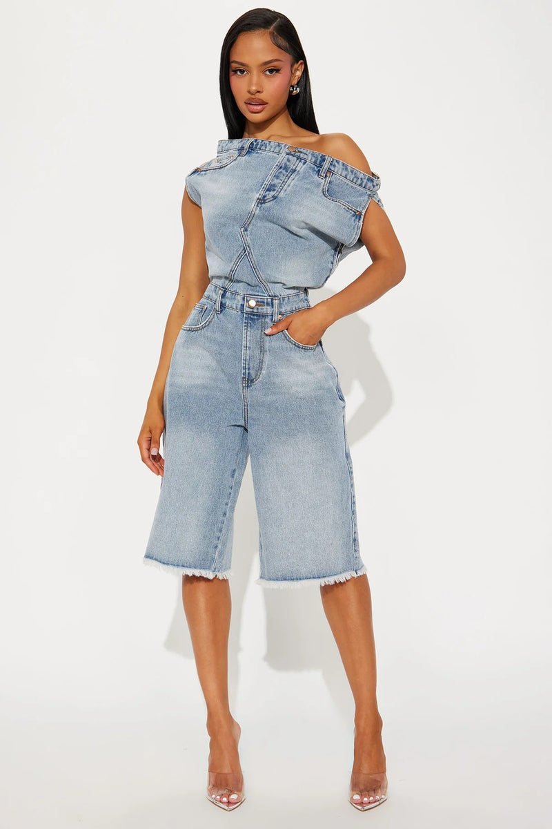 One Shoulder Sleeveless Denim Romper LX 6063