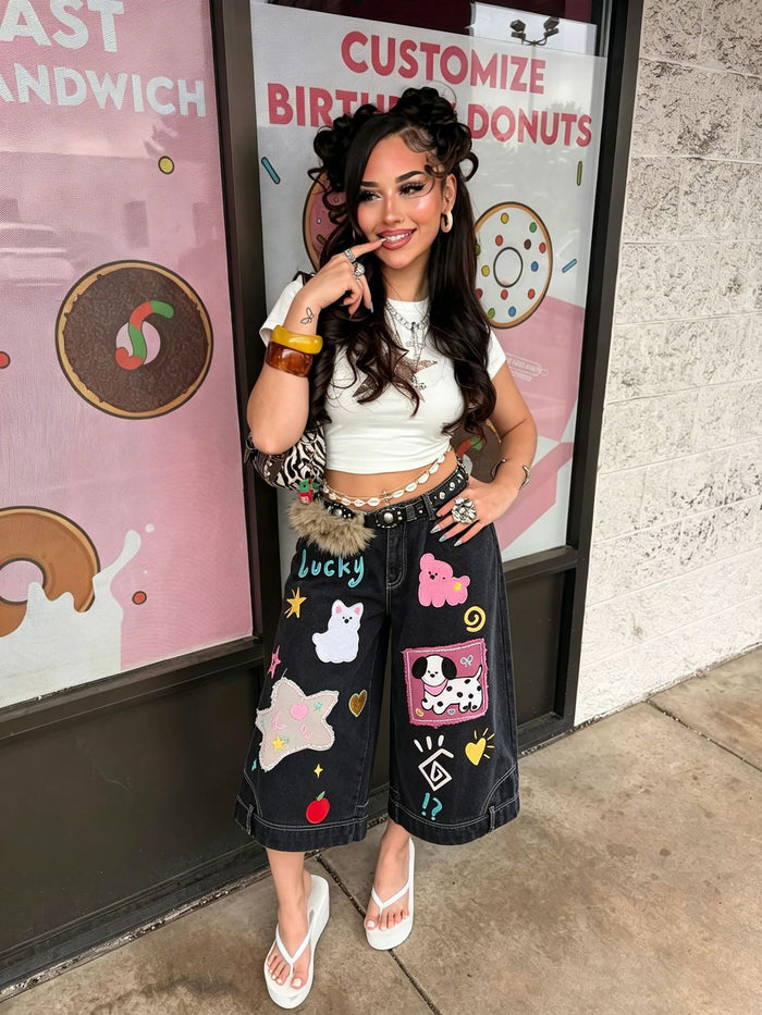 Cartoon Puppy Embroidered Cropped Jeans GYLN 2606