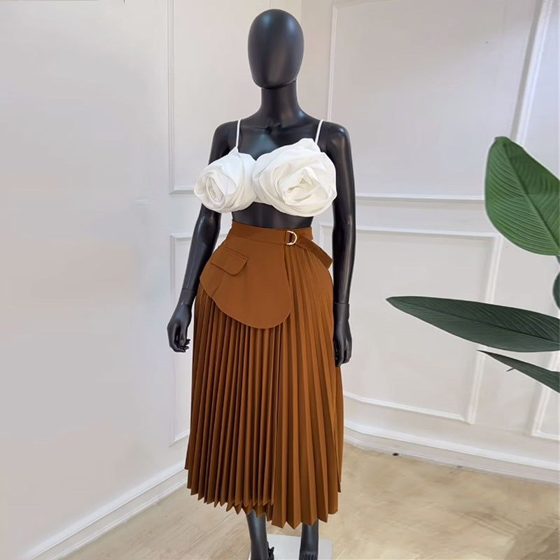 High Waist Irregular Tie Pleated Long Skirt GCNE 7493