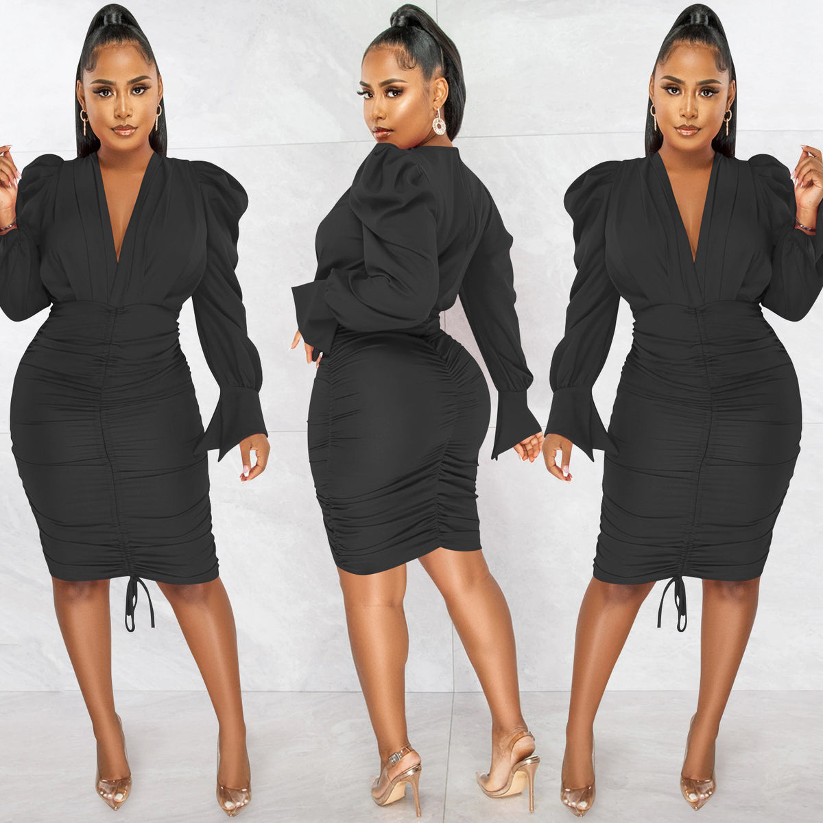 Solid Long Sleeve V Neck Ruched Bodycon Dress BY 5893