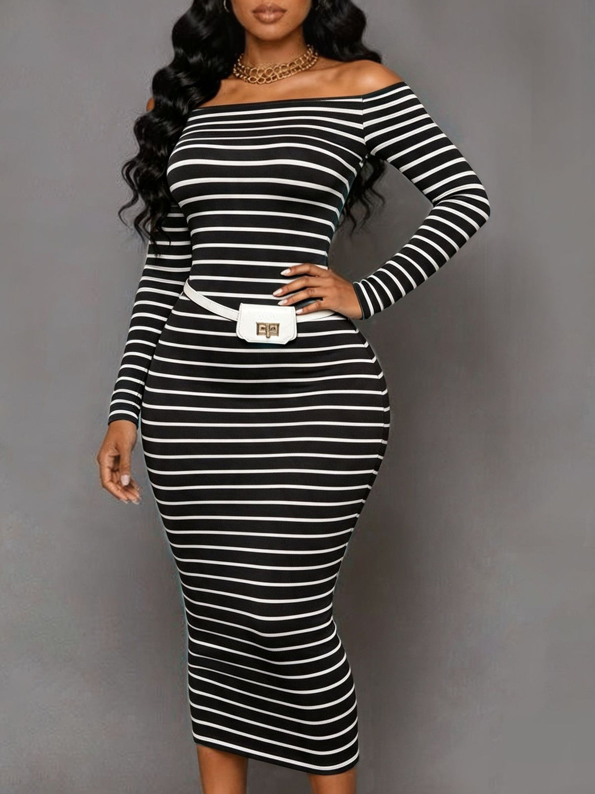 Stripe Knits Long Sleeve Long Dress ZDF 33553