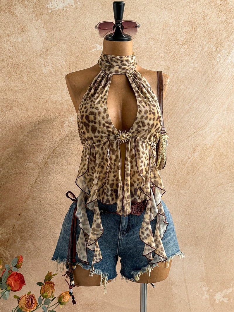 Leopard Print Backless Mesh Irregular Tank Top GXIY K26L2307