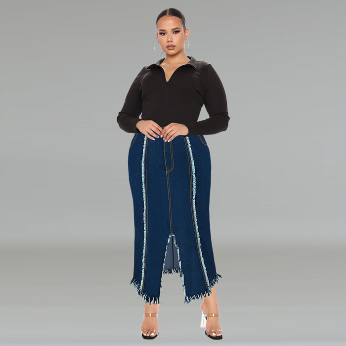 Plus Size Fashion Tassel Split Denim Long Skirt GDAM 218606
