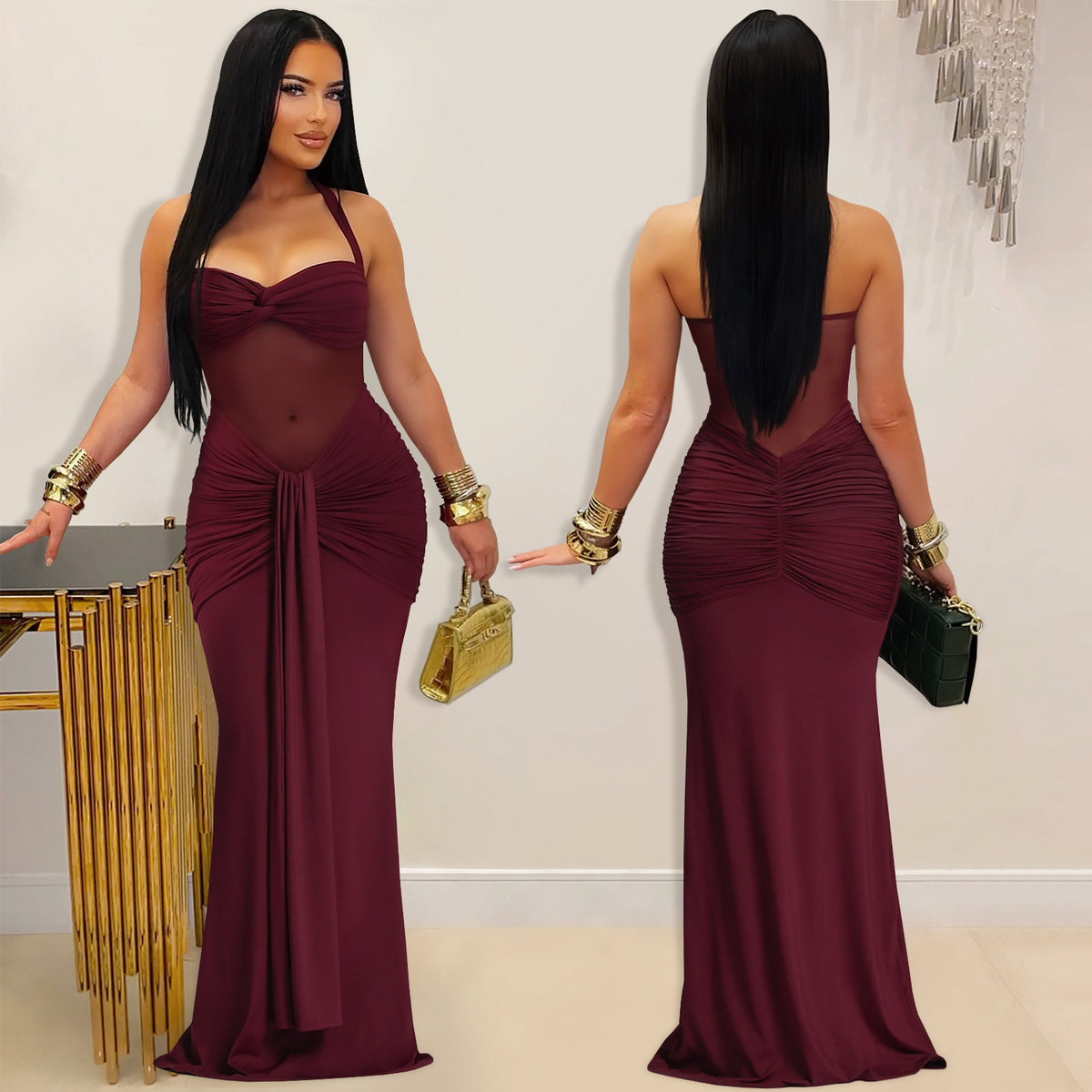 See Through Mesh Solid Color Maxi Dress BY 7608
