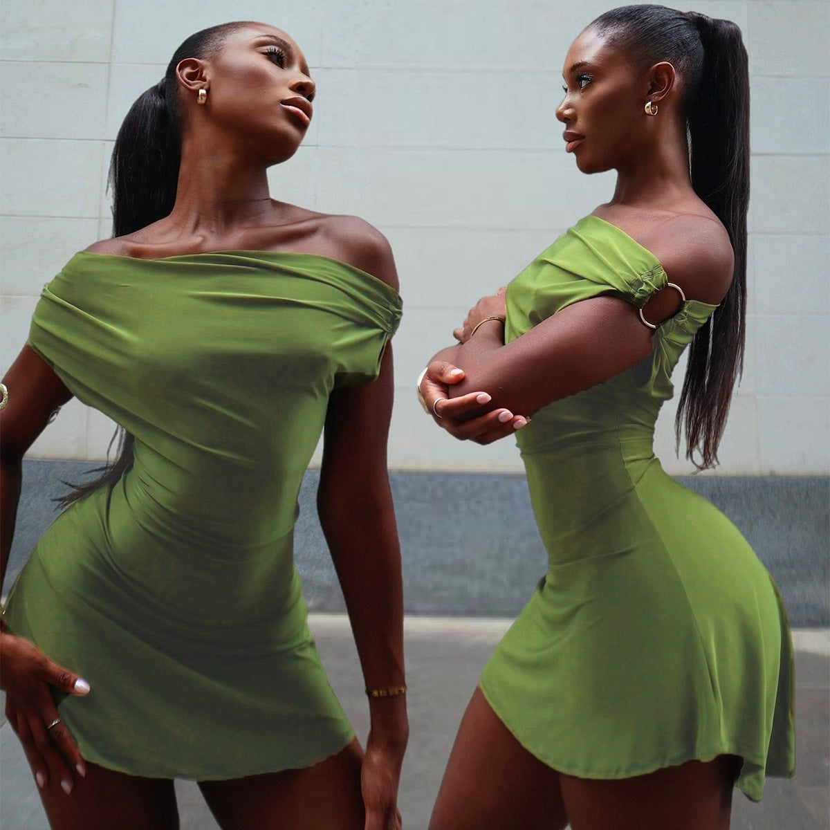 One Shoulder Solid Color Mini Dress GFRT 42135DBG