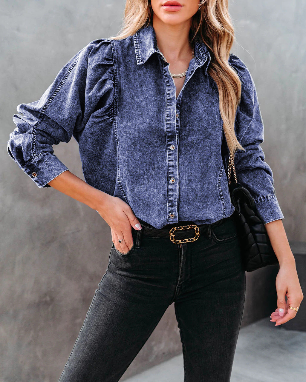 Lapel Long Sleeve Fashion Denim Shirt GYAN 657