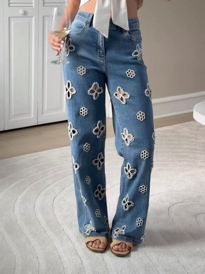 Embroidered Beaded Hollow Out Straight Jeans OD 8770