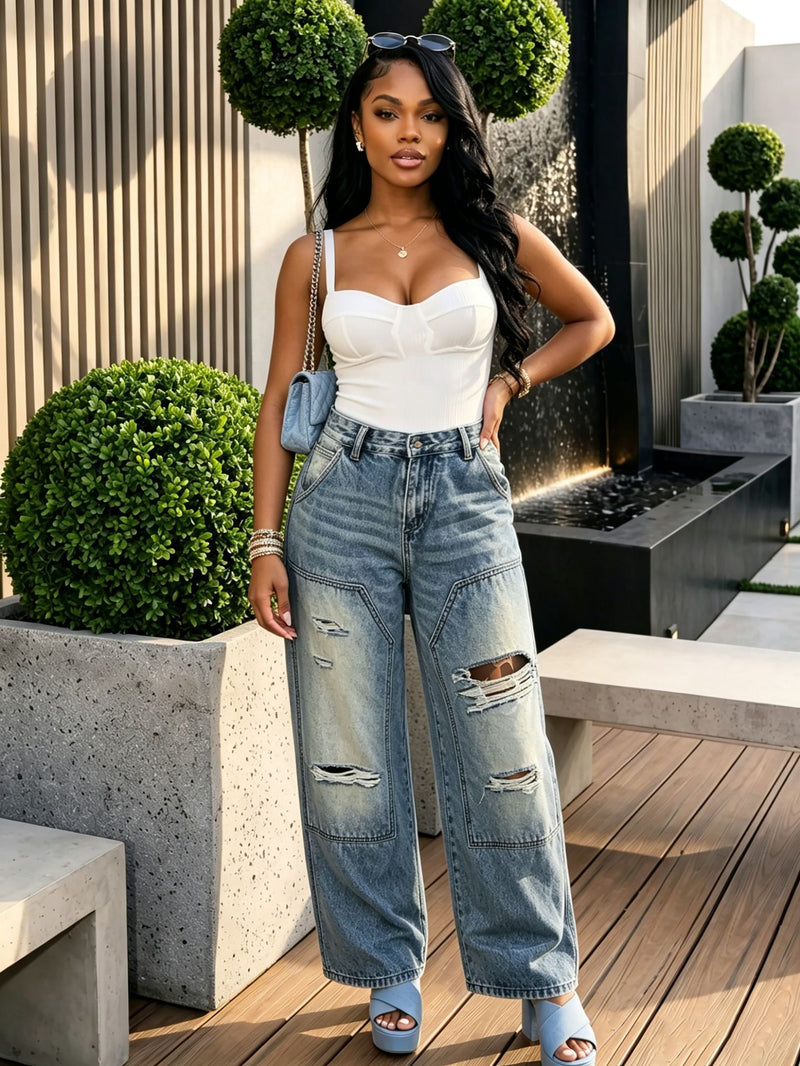 Plus Size Washed Holes Straight Jeans GYLN 0609