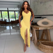 Sleeveless Solid Color Tassel Maxi Dress YF 11095