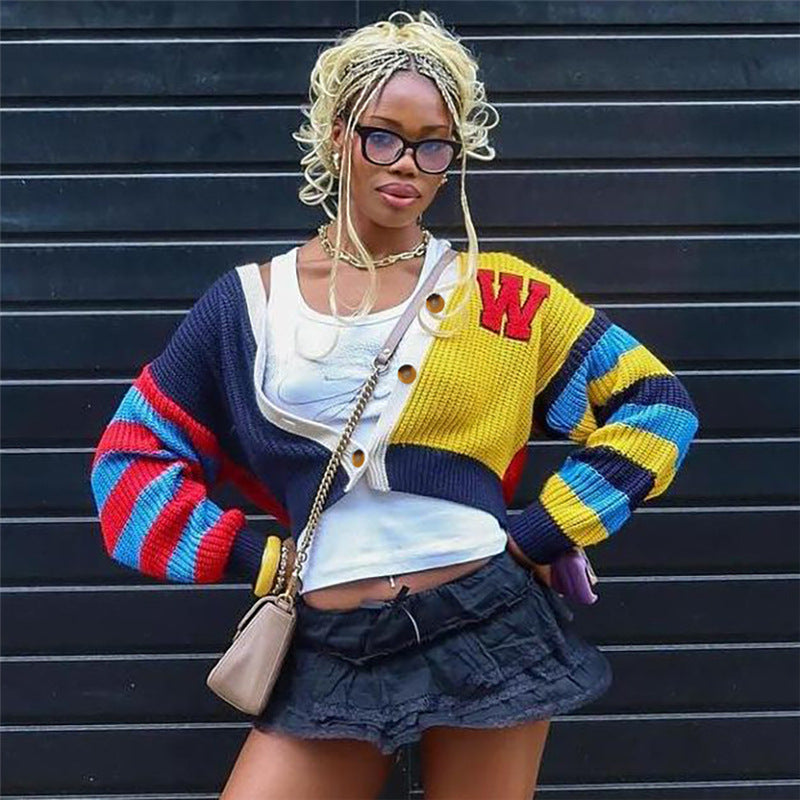 Colorful Letter Print Knits Short Coat DLSF W24L52789