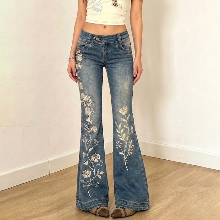 Floral Embroidery Micro Flare Jeans GPKJ MR49336