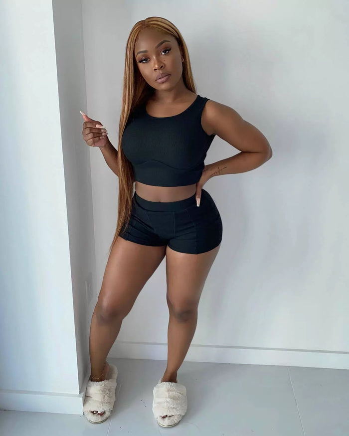 Solid Color Sleeveless Two Piece Shorts Set YD 1128