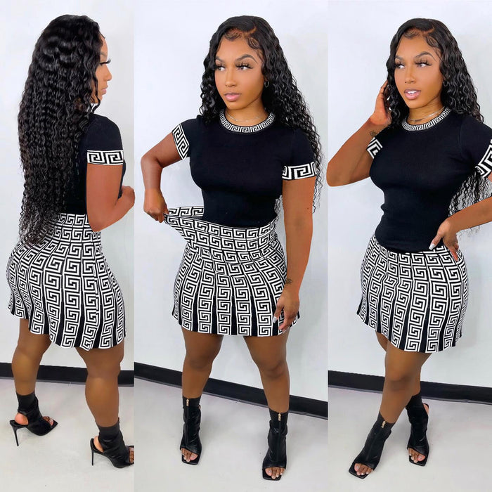 Casual Printed T Shirt Mini Skirt Two Piece Sets NY 2342