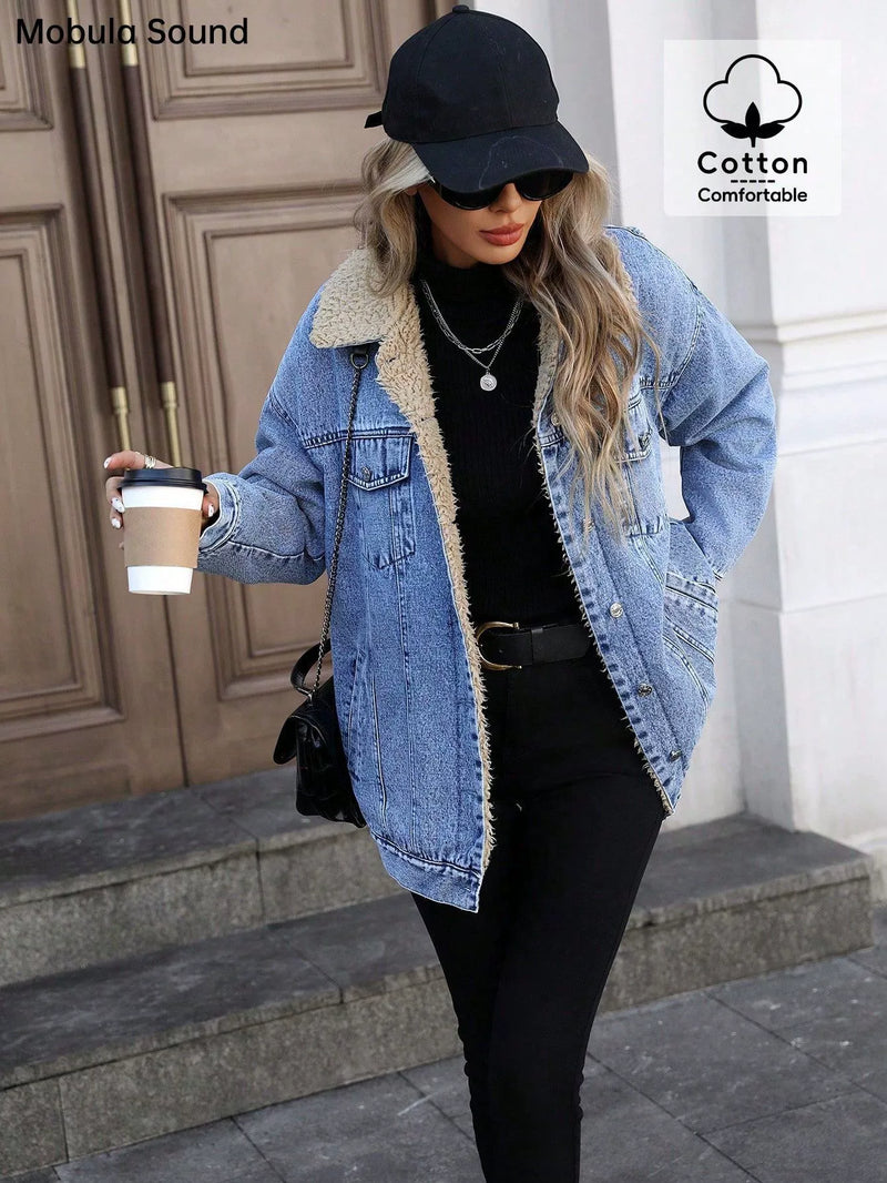 Loose Long Sleeve Fleece Denim Jacket GYXN 20780