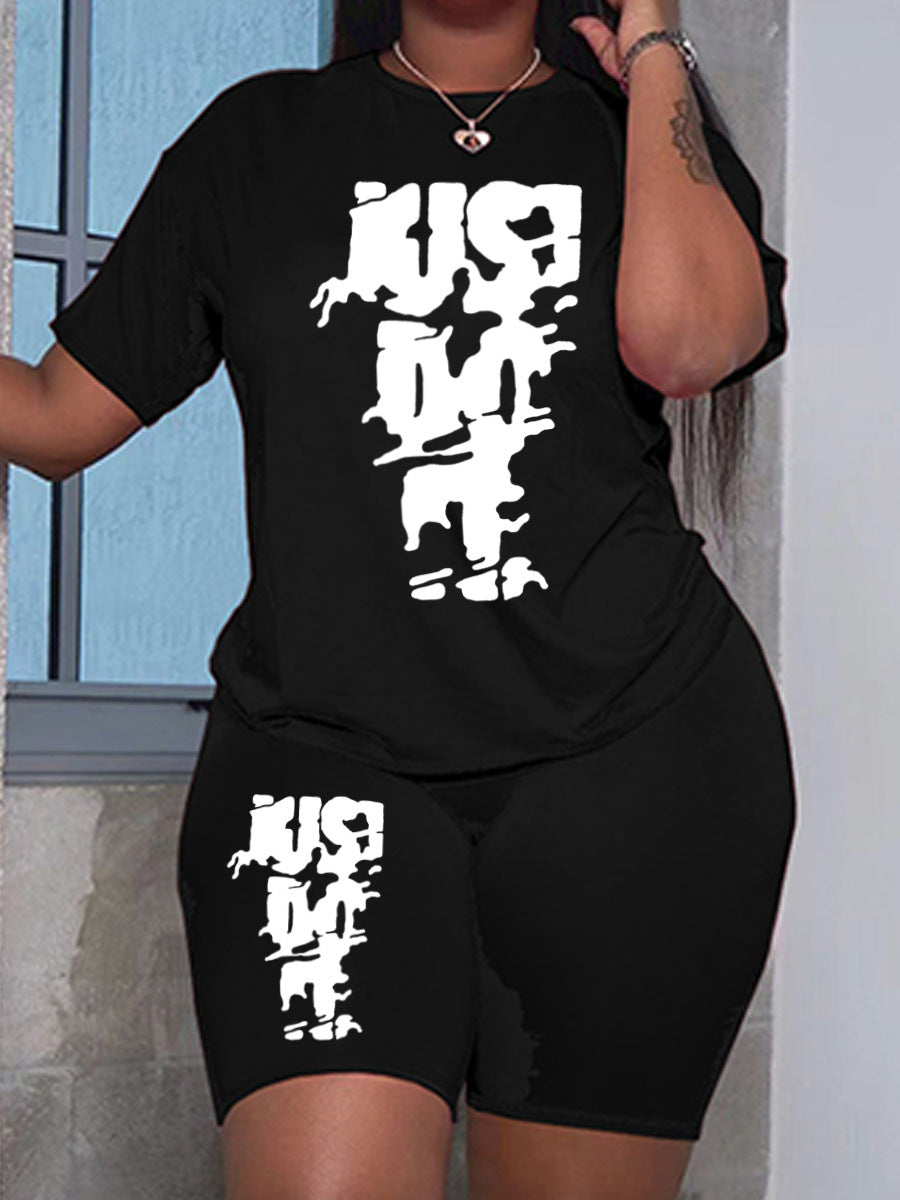 Plus Size Fashion Print O Neck Two Piece Shorts Set HGL 2031