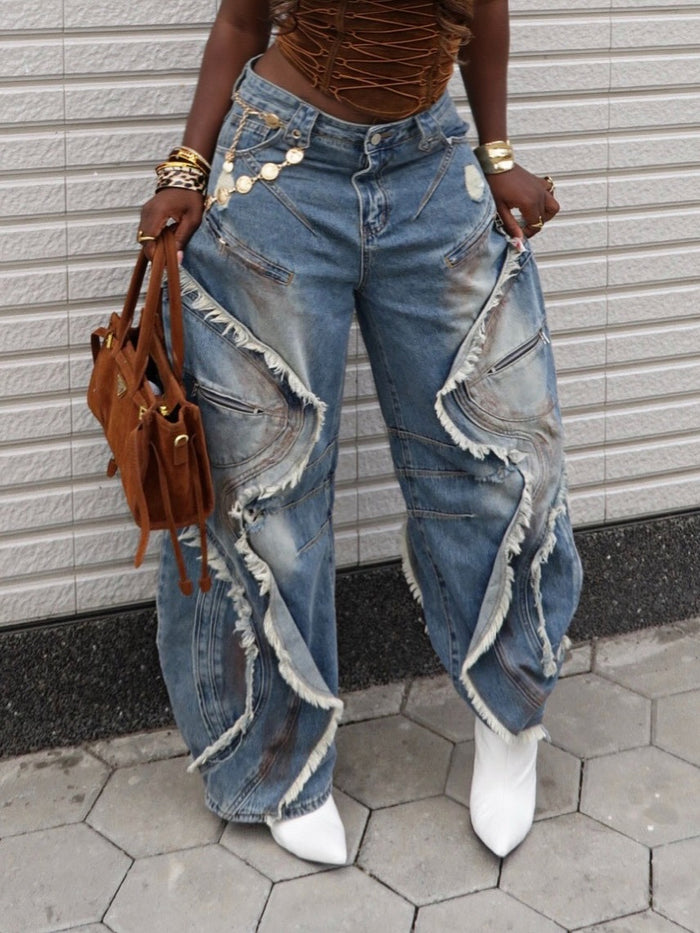Plus Size Wave Edge Holes Jeans GYLN 1836