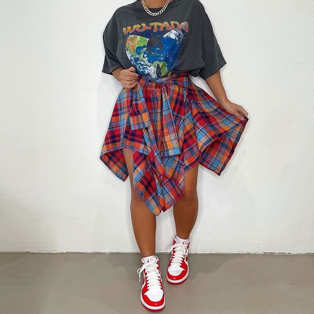 Plaid Shirt Irregular Skrits QYMF 104