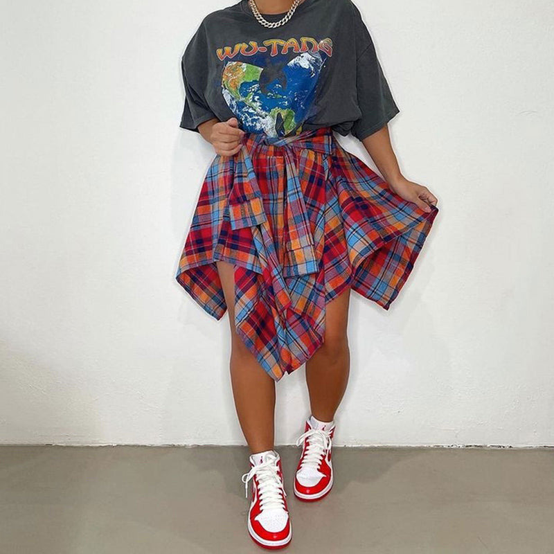 Plaid Shirt Irregular Skrits QYMF 104