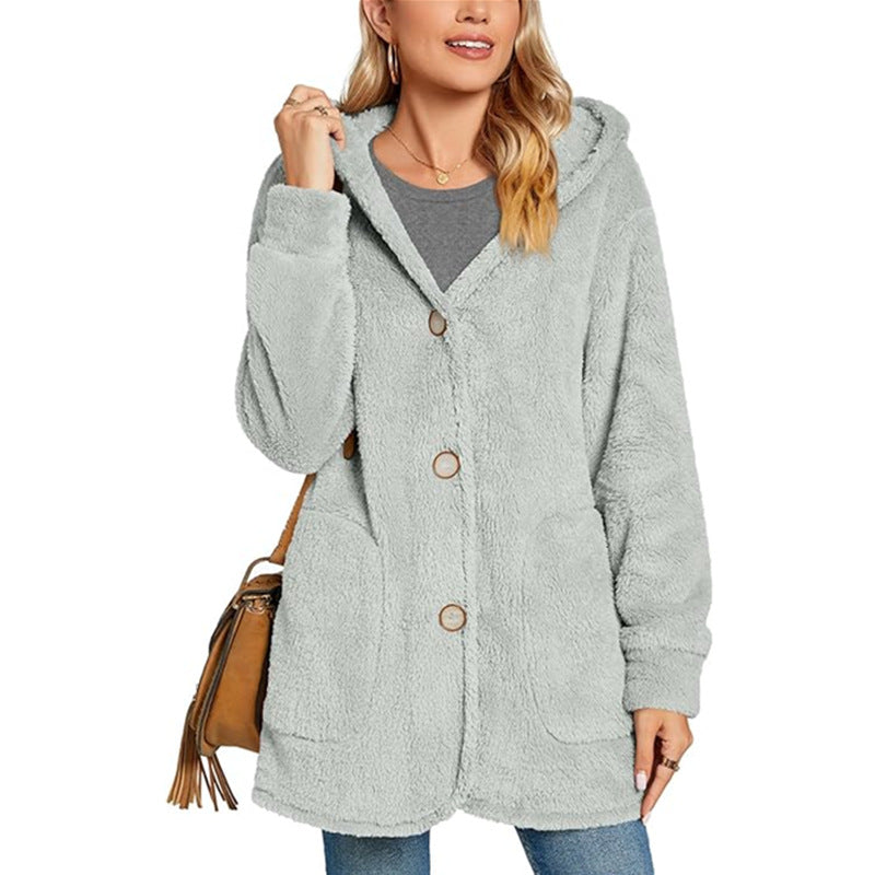 Plush Hooded Button Pocket Casual Coats GYOU CX826