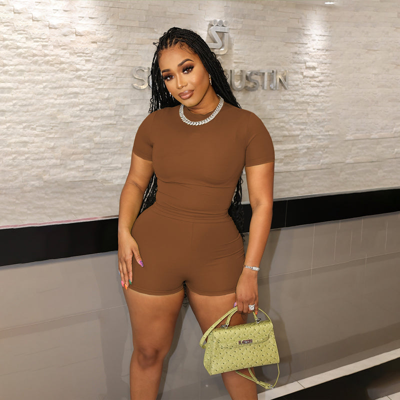 Casual Solid Sport Short Sleeve Shorts Two Piece Set SFY 2305