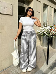 Plus Size Solid Color T Shirt Stripe Pants 2 Piece Set GADE 11411