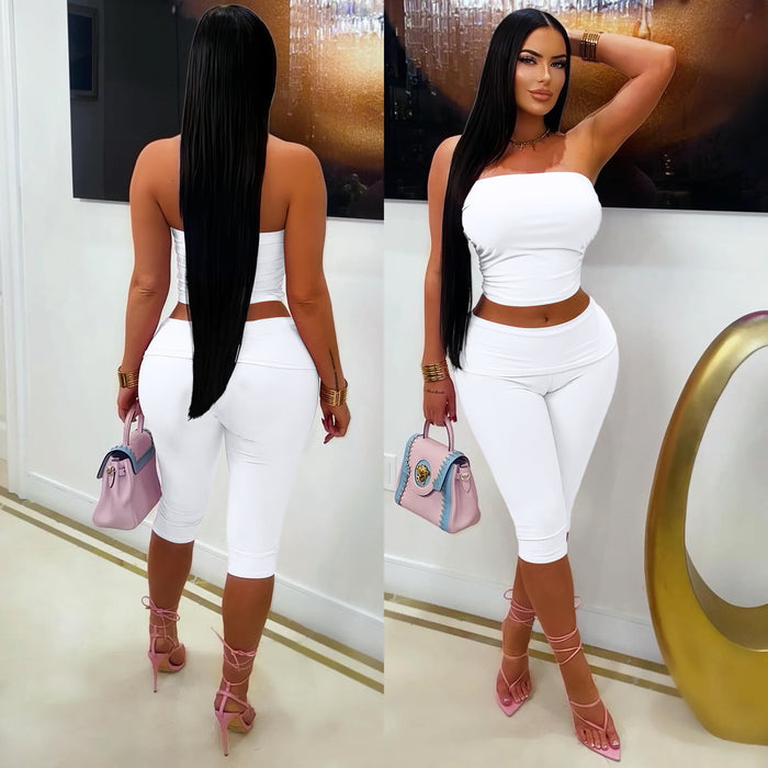 Solid Color Wrap Chest Top Two Piece Shorts Set MZ 26006