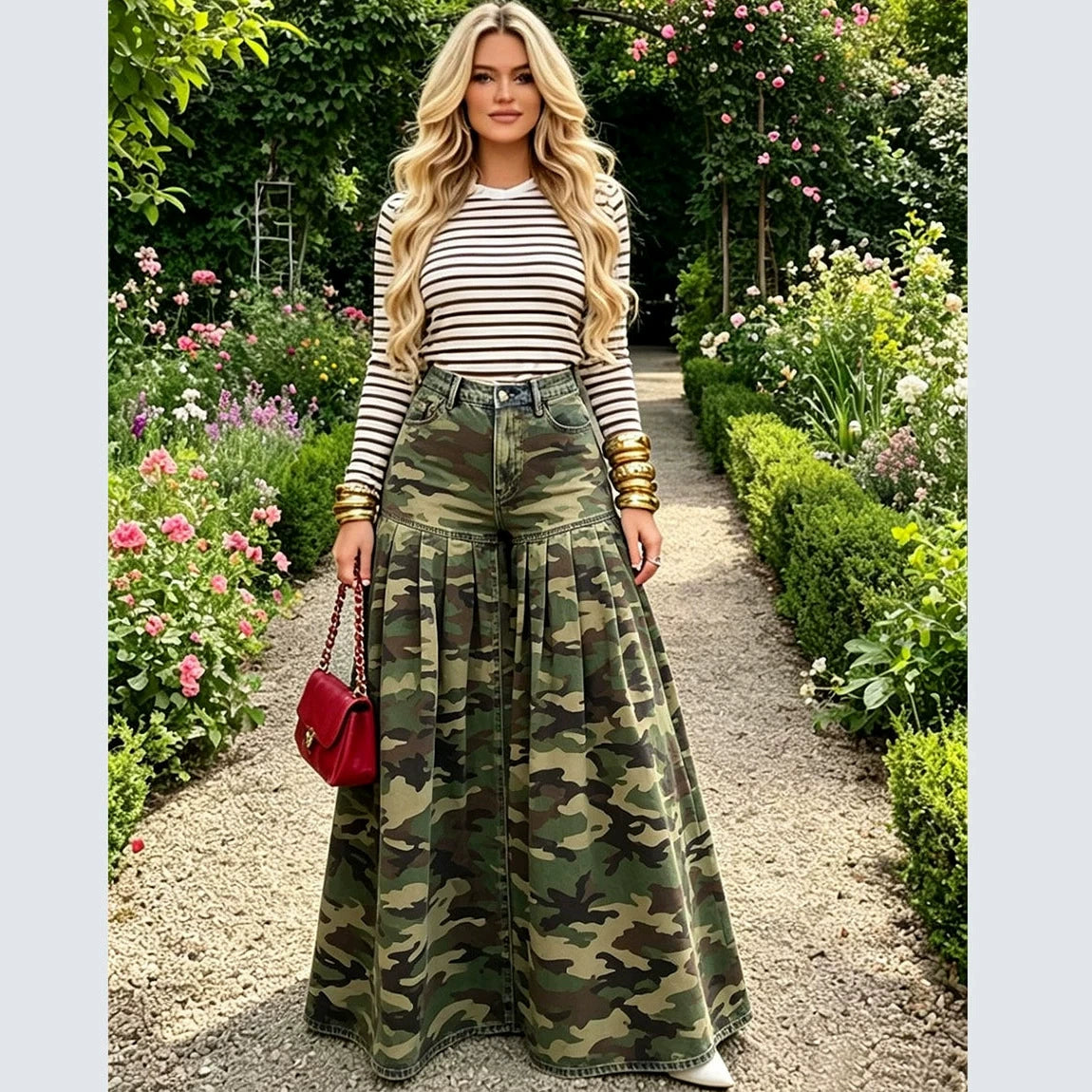 Plus Size Camouflage Print Wide Leg Jeans GAKF 60602