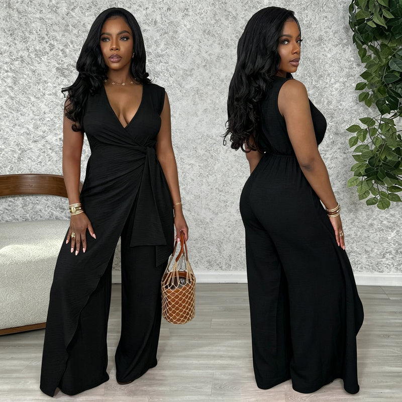 V Neck Sleeveless Solid Jumpsuit BY 7786