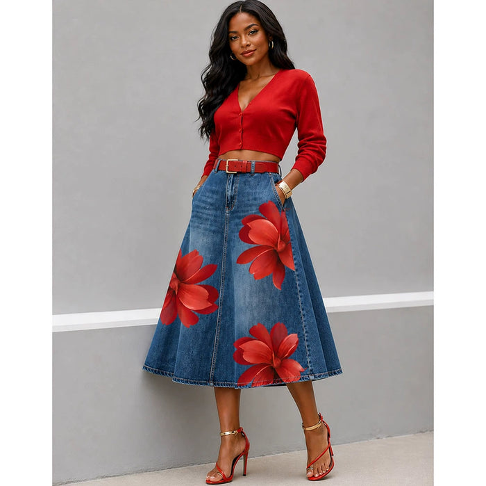 Plus Size Wash Flower Print High Waisted Denim Long Skirt GAKF 60519