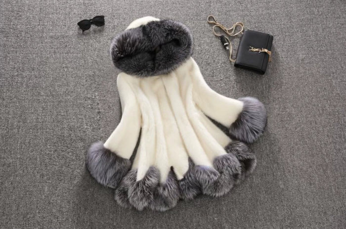 Plus Size White Rabbit Fur Hooded Coat HHMY XF %E8%85%B0%E5%B8%A6%E8%B1%B9%E7%BA%B9%E8%B6%85%E9%95%BF