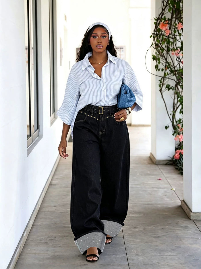 Plus Size Hot Drill Rivet Washed Jeans GYLN 3836