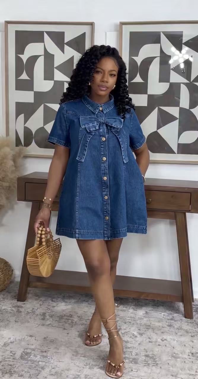 Bow Tie Denim Short Sleeve Mini Dress GADE 6731