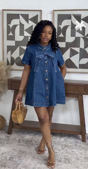 Bow Tie Denim Short Sleeve Mini Dress GADE 6731
