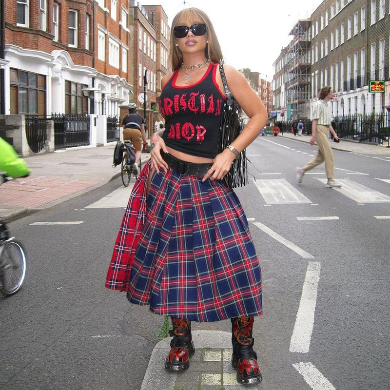 Patchwork Contrast Color Plaid Split Skirt GNZD 7993SG