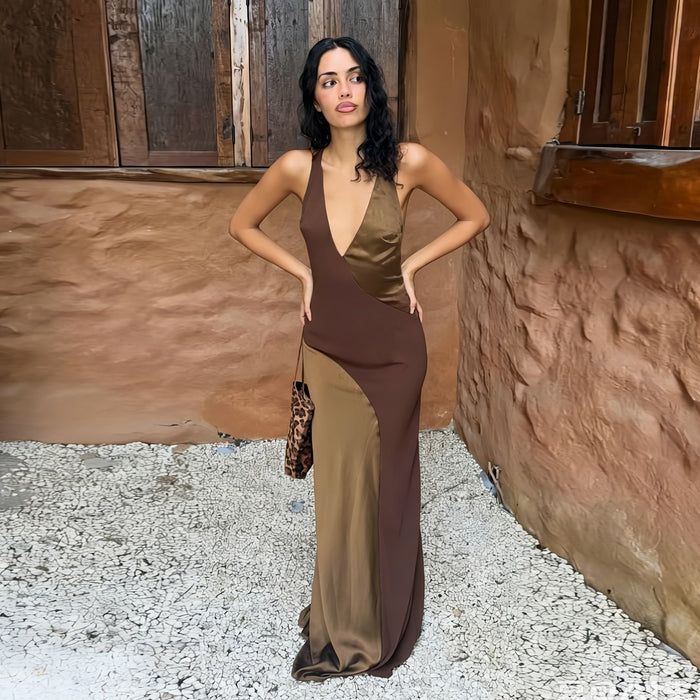 Deep V Neck Backless Color Block Maxi Dress GYME K6D13886A