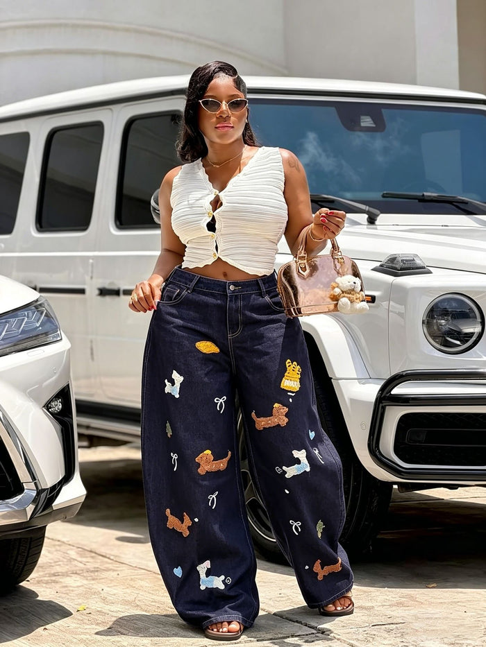 Plus Size Cartoon Embroidered Wide Leg Jeans GYLN 5766