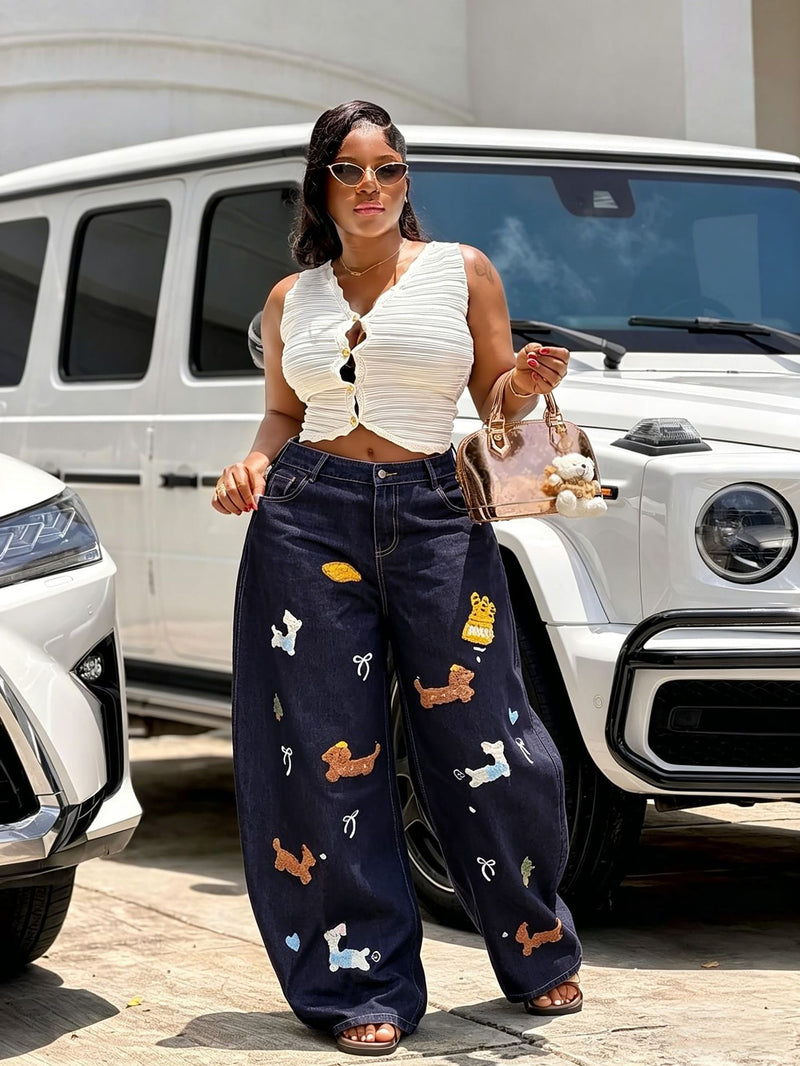 Plus Size Cartoon Embroidered Wide Leg Jeans GYLN 5766
