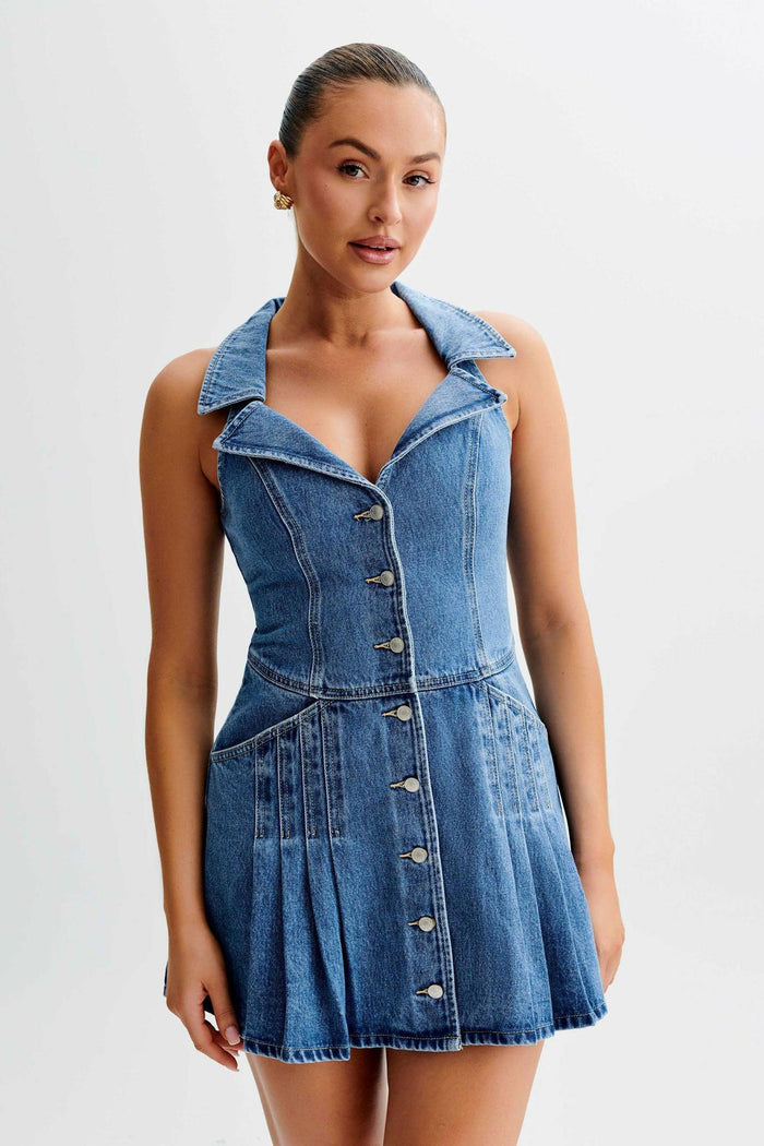 Sleeveless Lapel Denim Mini Dress GMYT 13612