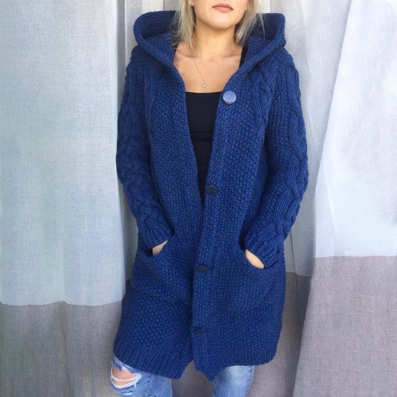 Plus Size Hooded Single Breasted Knit Long Sleeve Coat GBLH 3355