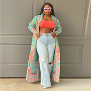 Plus Size Pleated Printed Trench Coat Long Jacket NNWF 10634