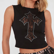 Cross Embroidered Rhinestone Pattern Tank Tops GSBD Q25TP165