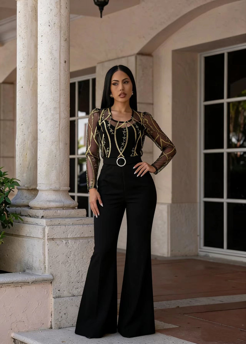Mesh Embroidery See Through Wide Leg Jumpsuit LA 6005