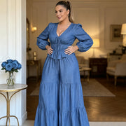 Plus Size Bubble Sleeve Drawstring Top Wide Leg Pants Suit QMZF 21195