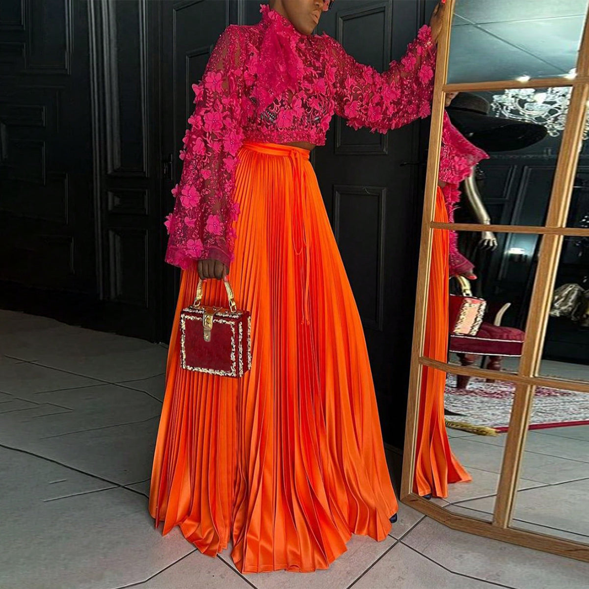 Solid Color Press Pleated Long Skirts YF 20053