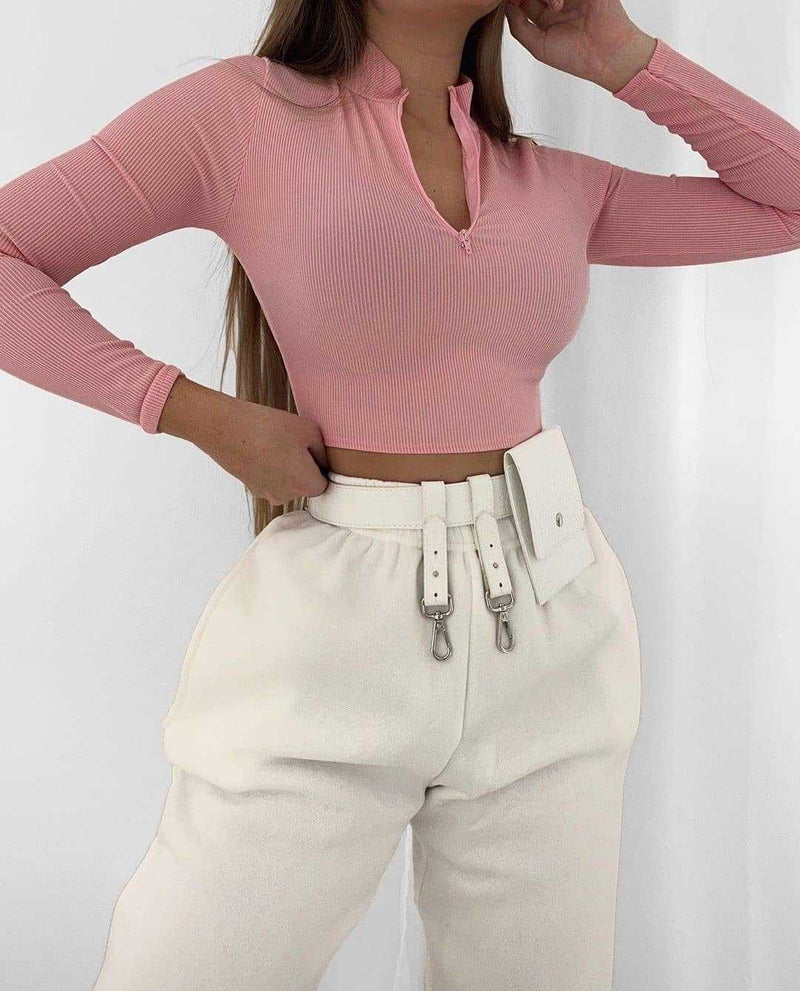Solid Long Sleeve Zipper Crop Top JZHF 8007