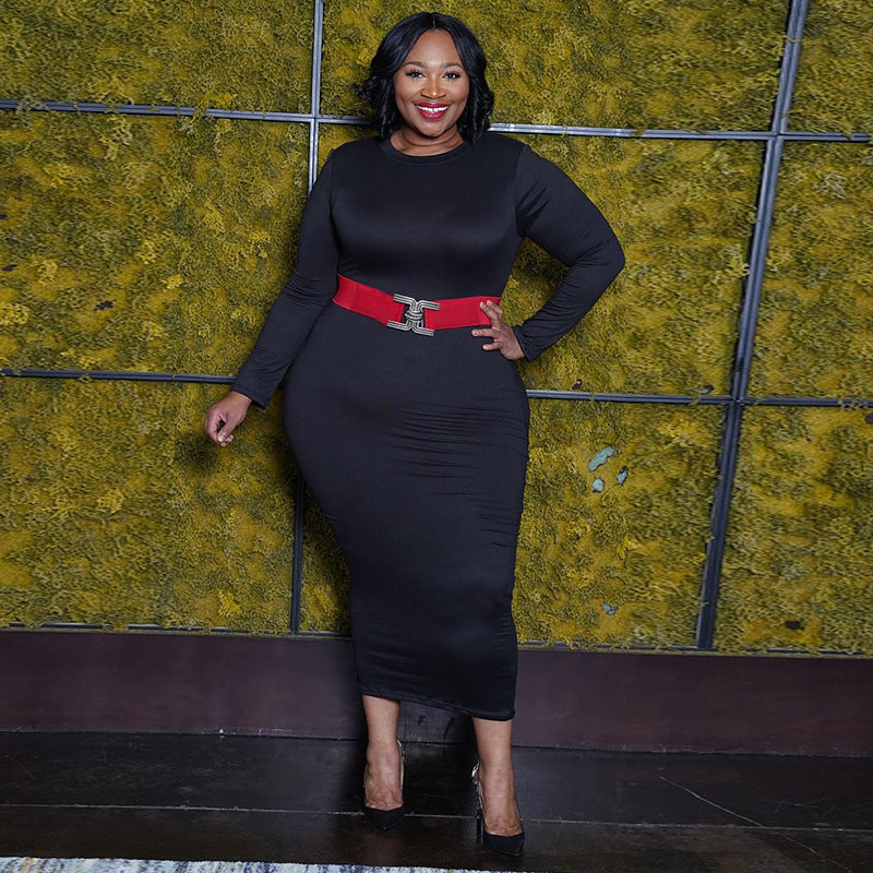 Plus Size 5XL Solid Color Long Sleeve Skinny Bodycon Midi Dress Without Belt OSIF 20972