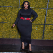 Plus Size 5XL Solid Color Long Sleeve Skinny Bodycon Midi Dress Without Belt OSIF 20972