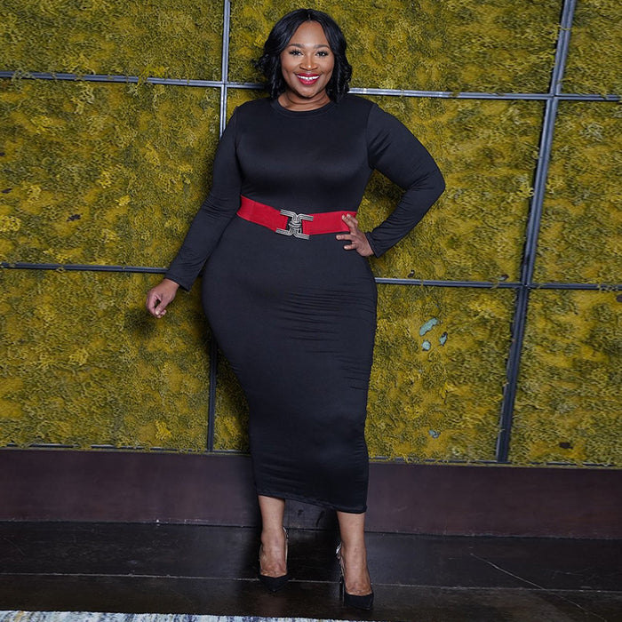 Plus Size 5XL Solid Color Long Sleeve Skinny Bodycon Midi Dress Without Belt OSIF 20972