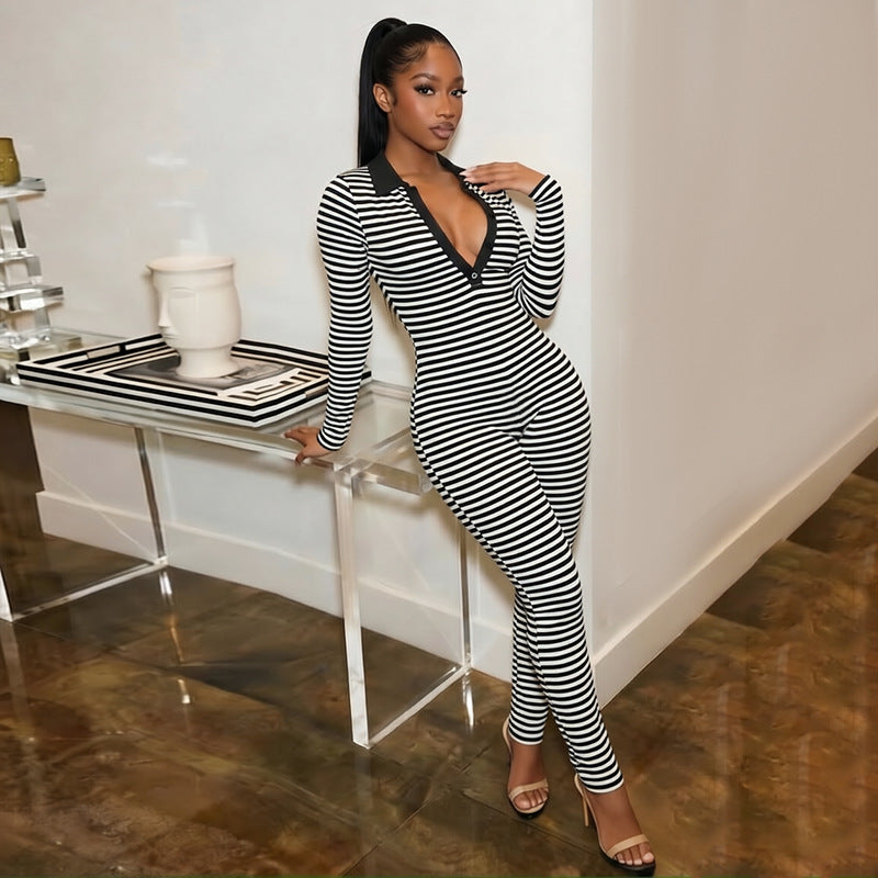 Stripe V Neck Long Sleeve Jumpsuit GDSF D26JP290