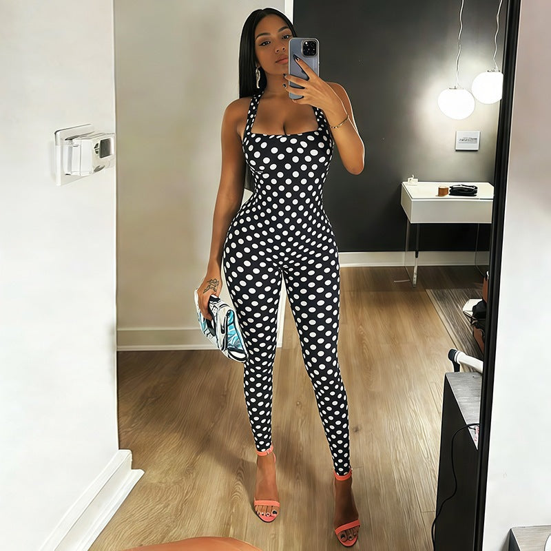 Polka Dot Print Backless Jumpsuit XEF K6Q08484A